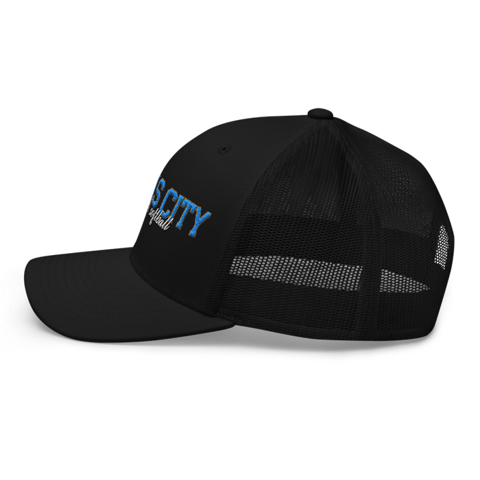 Left angle of the MAS Kansas City Wheelchair Softball Script Black Curved Bill Trucker Snapback against a white background