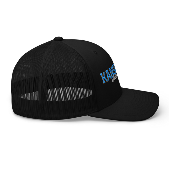 Right angle of the MAS Kansas City Wheelchair Softball Script Black Curved Bill Trucker Snapback against a white background