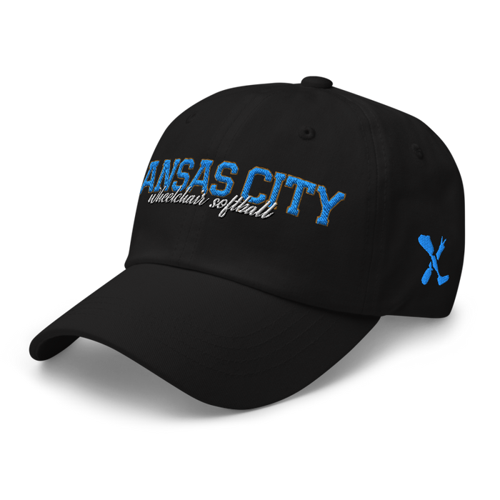 Front left angle of the MAS Kansas City Wheelchair Softball Script Black Dad Hat against a white background
