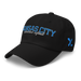 Front left angle of the MAS Kansas City Wheelchair Softball Script Black Dad Hat against a white background