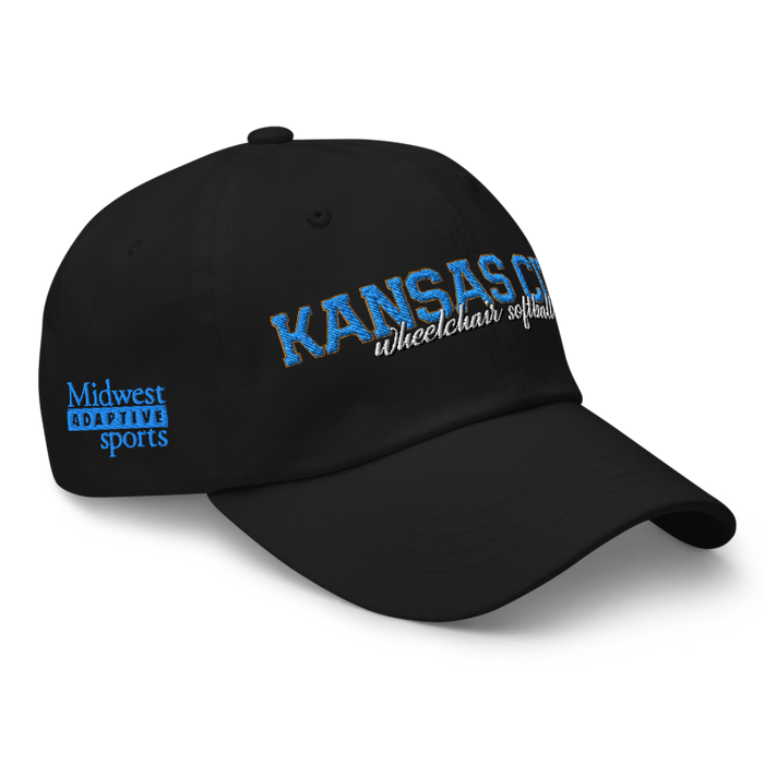 Front right angle of the MAS Kansas City Wheelchair Softball Script Black Dad Hat against a white background
