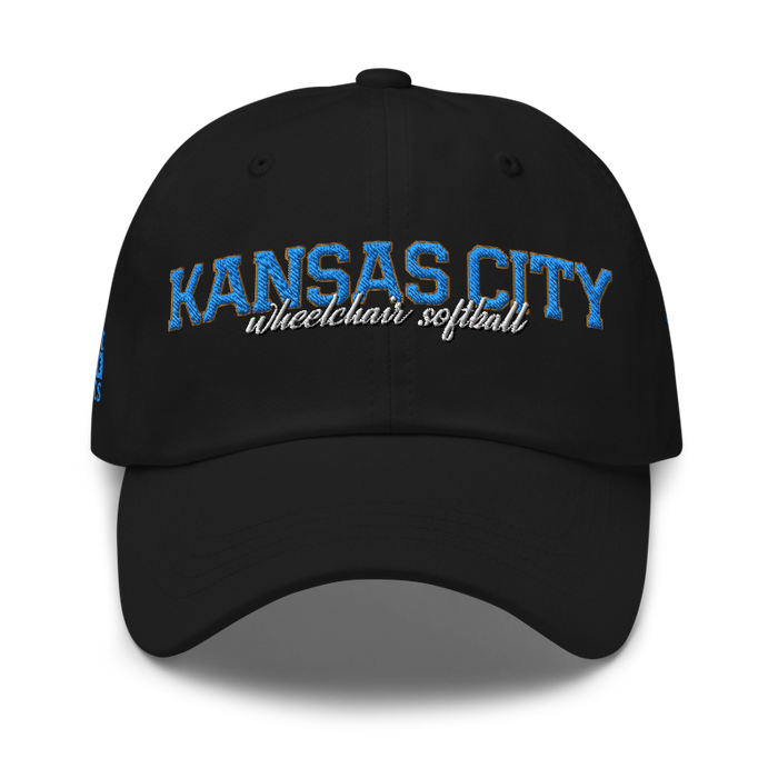 Front angle of the MAS Kansas City Wheelchair Softball Script Black Dad Hat against a white background