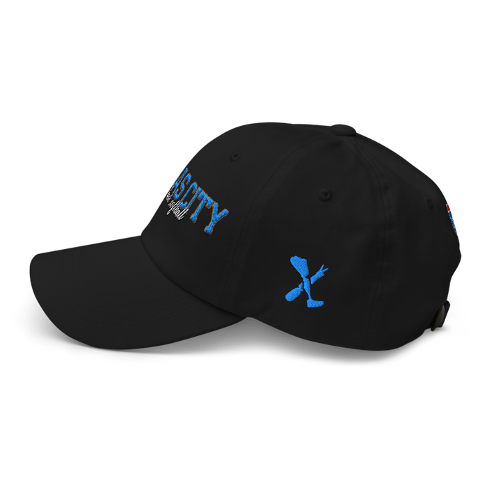 Left angle of the MAS Kansas City Wheelchair Softball Script Black Dad Hat against a white background