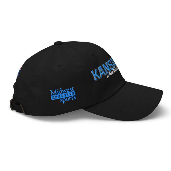Right angle of the MAS Kansas City Wheelchair Softball Script Black Dad Hat against a white background