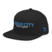 Front left angle of the MAS Kansas City Wheelchair Softball Script Black Flat Bill Snapback against a white background