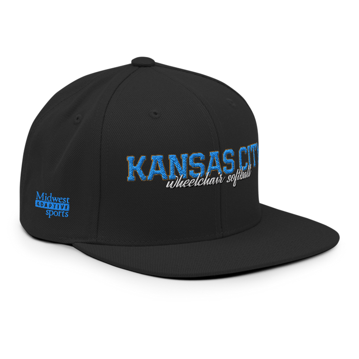Front right angle of the MAS Kansas City Wheelchair Softball Script Black Flat Bill Snapback against a white background