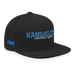 Front right angle of the MAS Kansas City Wheelchair Softball Script Black Flat Bill Snapback against a white background