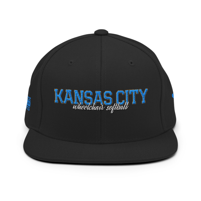 Front angle of the MAS Kansas City Wheelchair Softball Script Black Flat Bill Snapback against a white background