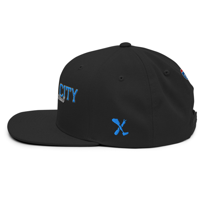 Left angle of the MAS Kansas City Wheelchair Softball Script Black Flat Bill Snapback against a white background