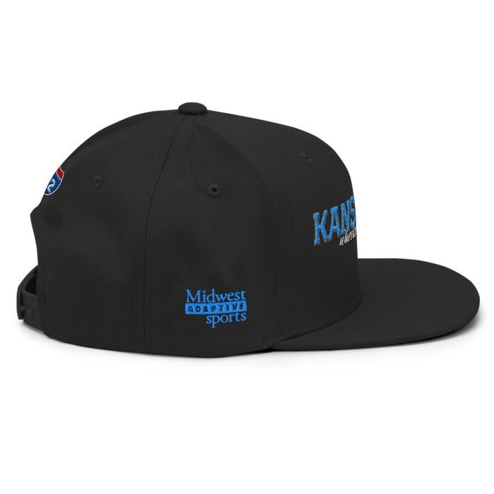 Right angle of the MAS Kansas City Wheelchair Softball Script Black Flat Bill Snapback against a white background
