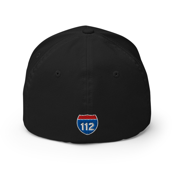 Back angle of the MAS Kansas City Wheelchair Softball Script Black Flexfit Curved Bill Fitted against a white background