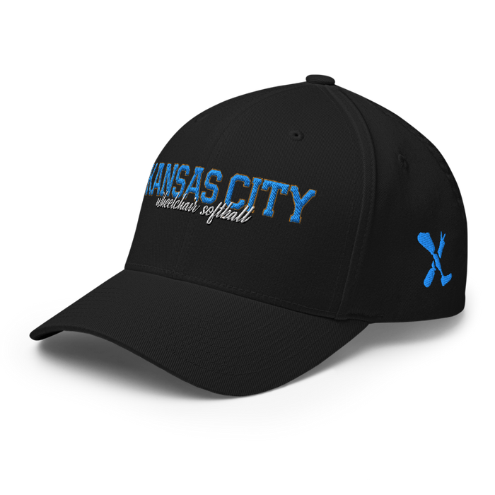 Front left angle of the MAS Kansas City Wheelchair Softball Script Black Flexfit Curved Bill Fitted against a white background