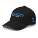 Front left angle of the MAS Kansas City Wheelchair Softball Script Black Flexfit Curved Bill Fitted against a white background