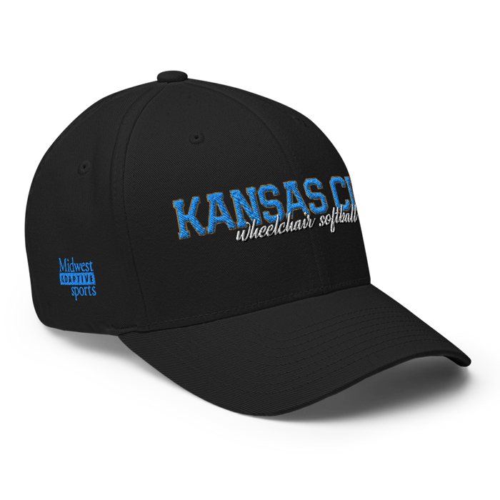 Front right angle of the MAS Kansas City Wheelchair Softball Script Black Flexfit Curved Bill Fitted against a white background