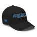 Front right angle of the MAS Kansas City Wheelchair Softball Script Black Flexfit Curved Bill Fitted against a white background