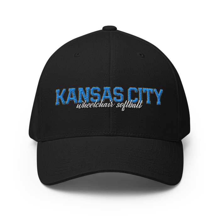 Front angle of the MAS Kansas City Wheelchair Softball Script Black Flexfit Curved Bill Fitted against a white background
