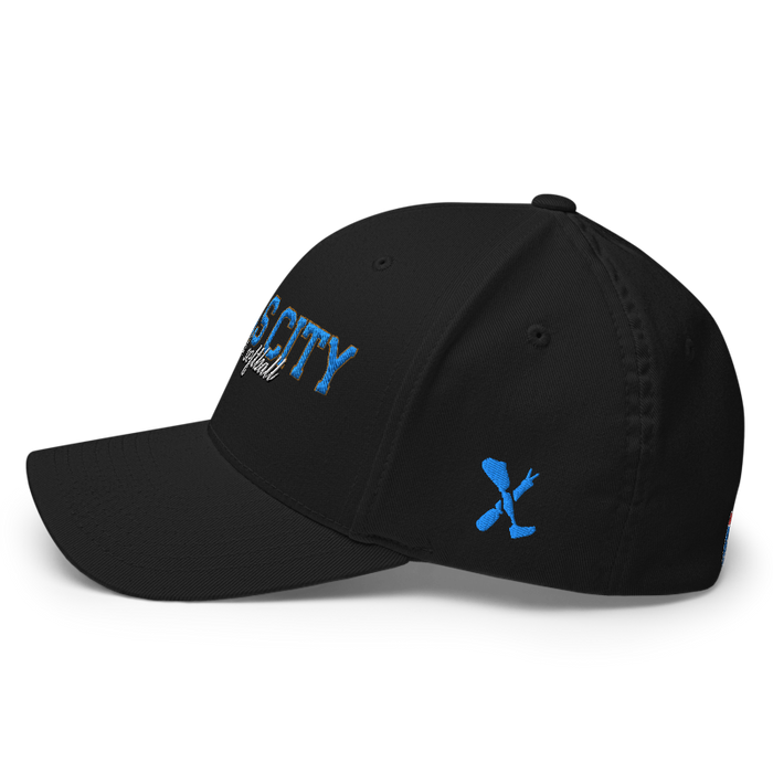 Left angle of the MAS Kansas City Wheelchair Softball Script Black Flexfit Curved Bill Fitted against a white background