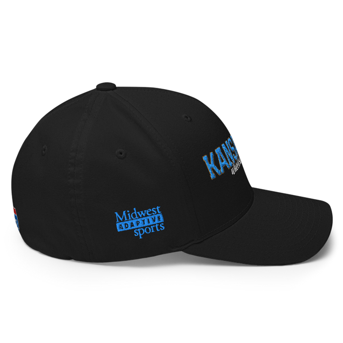 Right angle of the MAS Kansas City Wheelchair Softball Script Black Flexfit Curved Bill Fitted against a white background