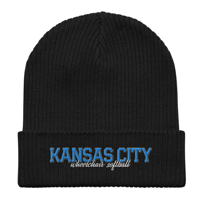 Front angle of the MAS Kansas City Wheelchair Softball Script Black Organic Beanie laid flat against a white background