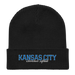 Front angle of the MAS Kansas City Wheelchair Softball Script Black Organic Beanie laid flat against a white background