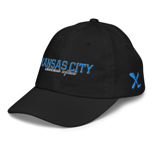 Front left angle of the MAS Kansas City Wheelchair Softball Script Black Youth Dad Hat against a white background