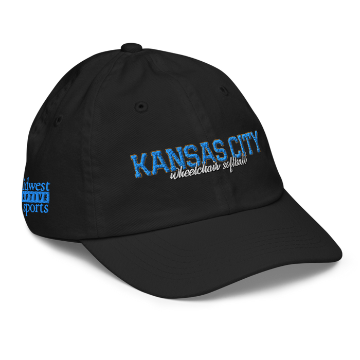 Front right angle of the MAS Kansas City Wheelchair Softball Script Black Youth Dad Hat against a white background