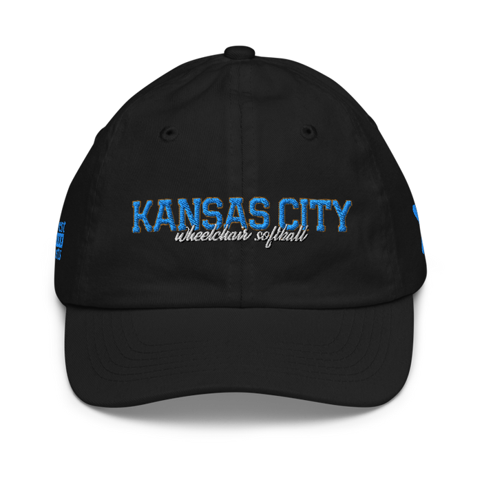 Front angle of the MAS Kansas City Wheelchair Softball Script Black Youth Dad Hat against a white background