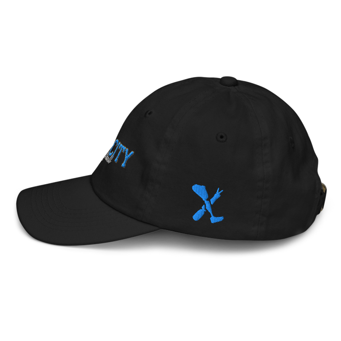 Left angle of the MAS Kansas City Wheelchair Softball Script Black Youth Dad Hat against a white background