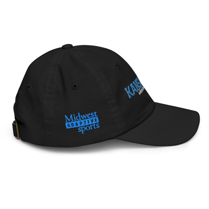 Right angle of the MAS Kansas City Wheelchair Softball Script Black Youth Dad Hat against a white background