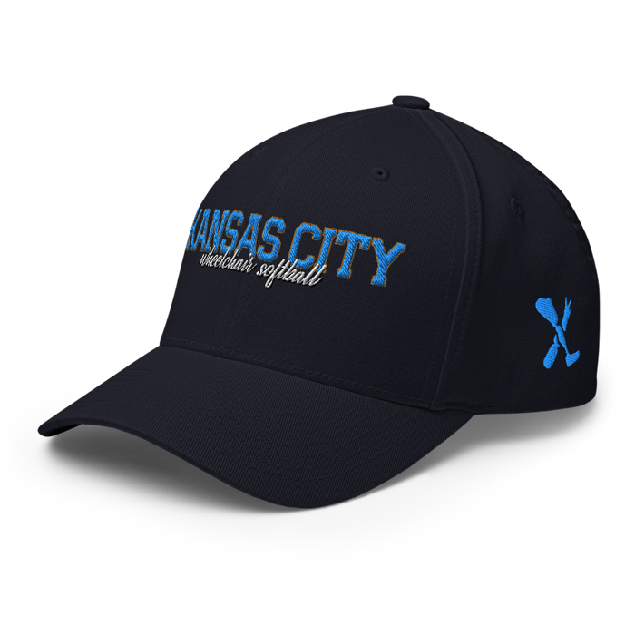 Front left angle of the MAS Kansas City Wheelchair Softball Script Dark Navy Flexfit Curved Bill Fitted against a white background