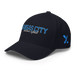 Front left angle of the MAS Kansas City Wheelchair Softball Script Dark Navy Flexfit Curved Bill Fitted against a white background