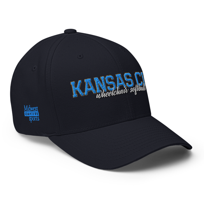 Front right angle of the MAS Kansas City Wheelchair Softball Script Dark Navy Flexfit Curved Bill Fitted against a white background