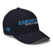 Front right angle of the MAS Kansas City Wheelchair Softball Script Dark Navy Flexfit Curved Bill Fitted against a white background