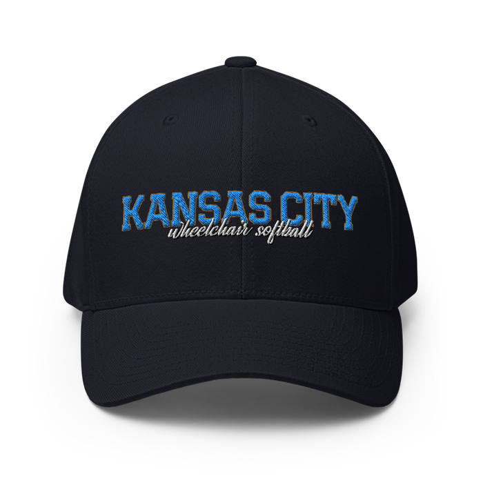 Front angle of the MAS Kansas City Wheelchair Softball Script Dark Navy Flexfit Curved Bill Fitted against a white background