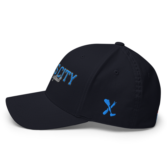 Left angle of the MAS Kansas City Wheelchair Softball Script Dark Navy Flexfit Curved Bill Fitted against a white background
