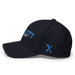 Left angle of the MAS Kansas City Wheelchair Softball Script Dark Navy Flexfit Curved Bill Fitted against a white background