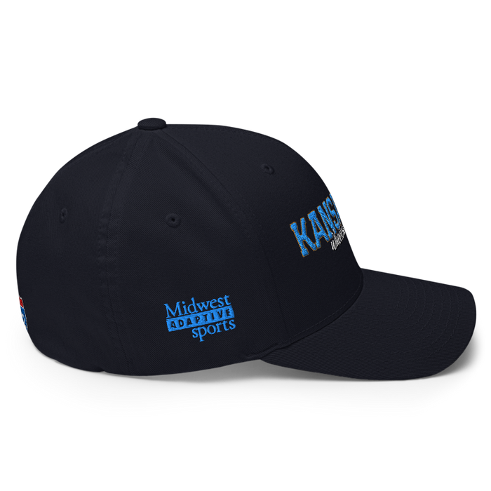 Right angle of the MAS Kansas City Wheelchair Softball Script Dark Navy Flexfit Curved Bill Fitted against a white background