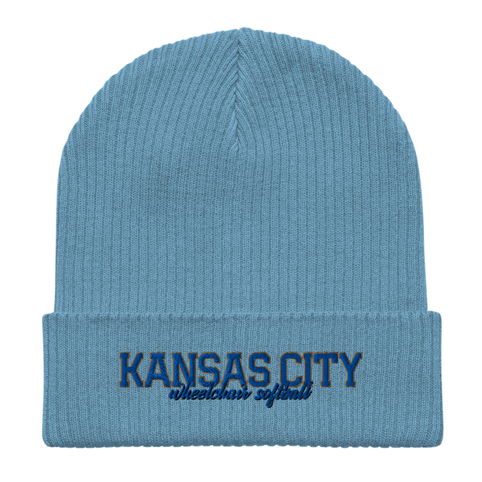 Front angle of the MAS Kansas City Wheelchair Softball Script Light Avio Blue Organic Beanie laid flat against a white background