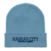 Front angle of the MAS Kansas City Wheelchair Softball Script Light Avio Blue Organic Beanie laid flat against a white background