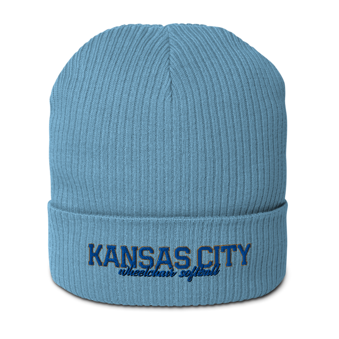 Front angle of the MAS Kansas City Wheelchair Softball Script Light Avio Blue Organic Beanie against a white background