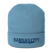 Front angle of the MAS Kansas City Wheelchair Softball Script Light Avio Blue Organic Beanie against a white background