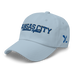 Front left angle of the MAS Kansas City Wheelchair Softball Script Light Blue Dad Hat against a white background