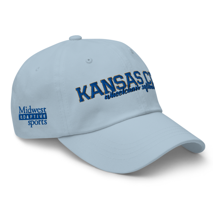 Front right angle of the MAS Kansas City Wheelchair Softball Script Light Blue Dad Hat against a white background