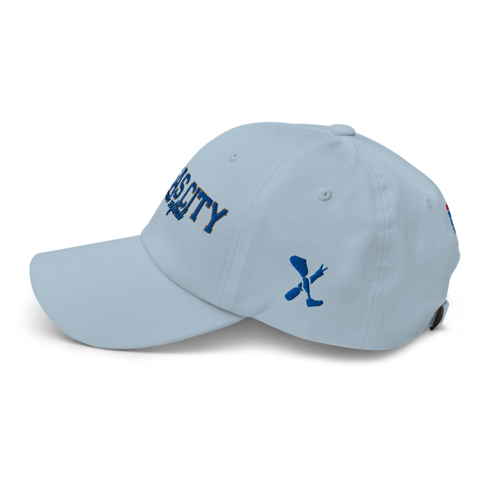 Left angle of the MAS Kansas City Wheelchair Softball Script Light Blue Dad Hat against a white background