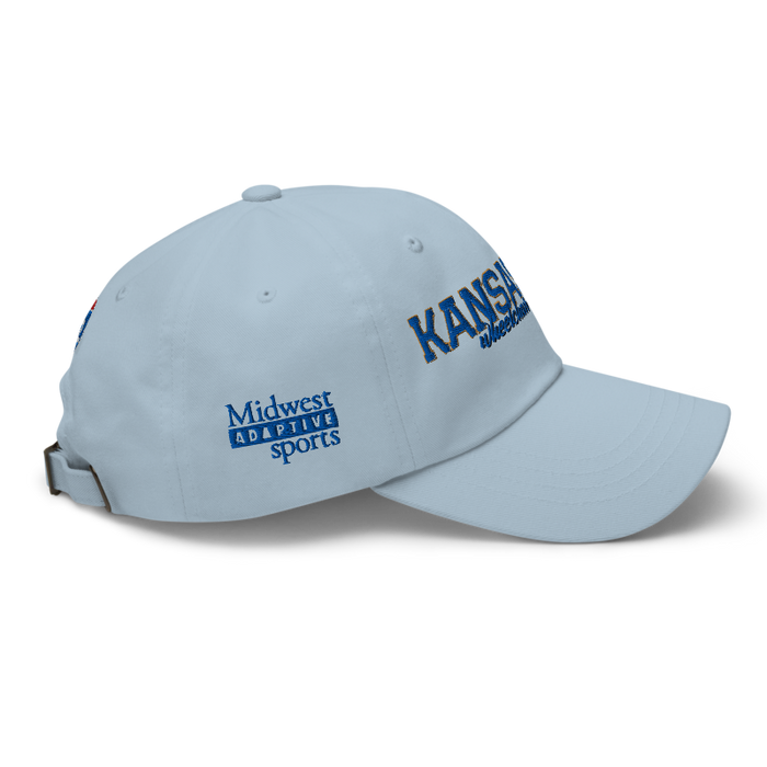 Right angle of the MAS Kansas City Wheelchair Softball Script Light Blue Dad Hat against a white background