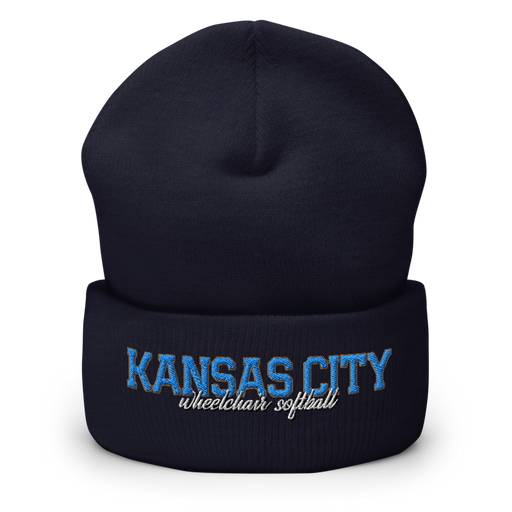 Front angle of the MAS Kansas City Wheelchair Softball Script Navy Beanie against a white background