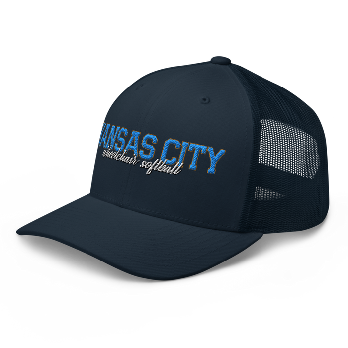 Front left angle of the MAS Kansas City Wheelchair Softball Script Navy Curved Bill Trucker Snapback against a white background