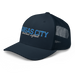 Front left angle of the MAS Kansas City Wheelchair Softball Script Navy Curved Bill Trucker Snapback against a white background