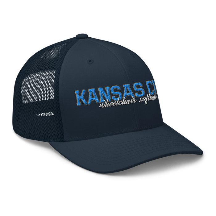 Front right angle of the MAS Kansas City Wheelchair Softball Script Navy Curved Bill Trucker Snapback against a white background