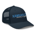Front right angle of the MAS Kansas City Wheelchair Softball Script Navy Curved Bill Trucker Snapback against a white background
